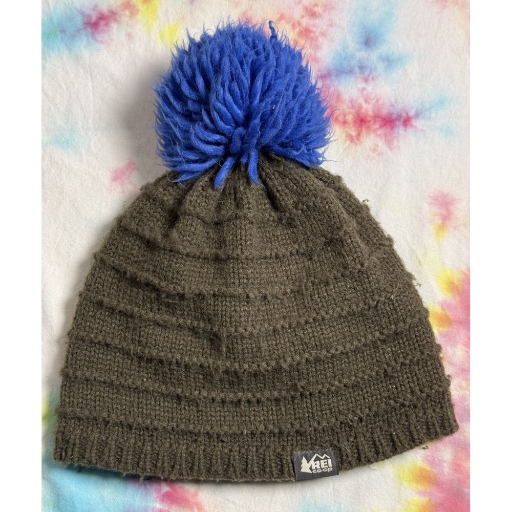 REI Co-op Beanie Hat Youth Brown Blue Pom Knit Fleece Lined Winter Y7-14